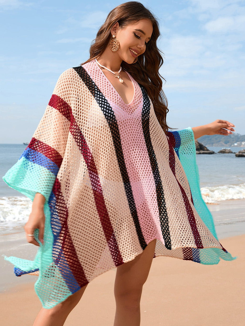 Openwork Color Block Plunge Cover - Up - ViarousViarousViarous