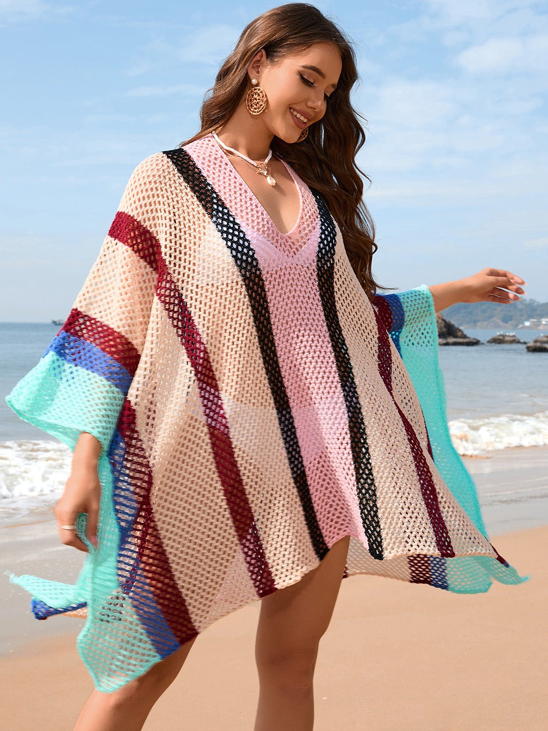 Openwork Color Block Plunge Cover - Up - ViarousViarousViarous