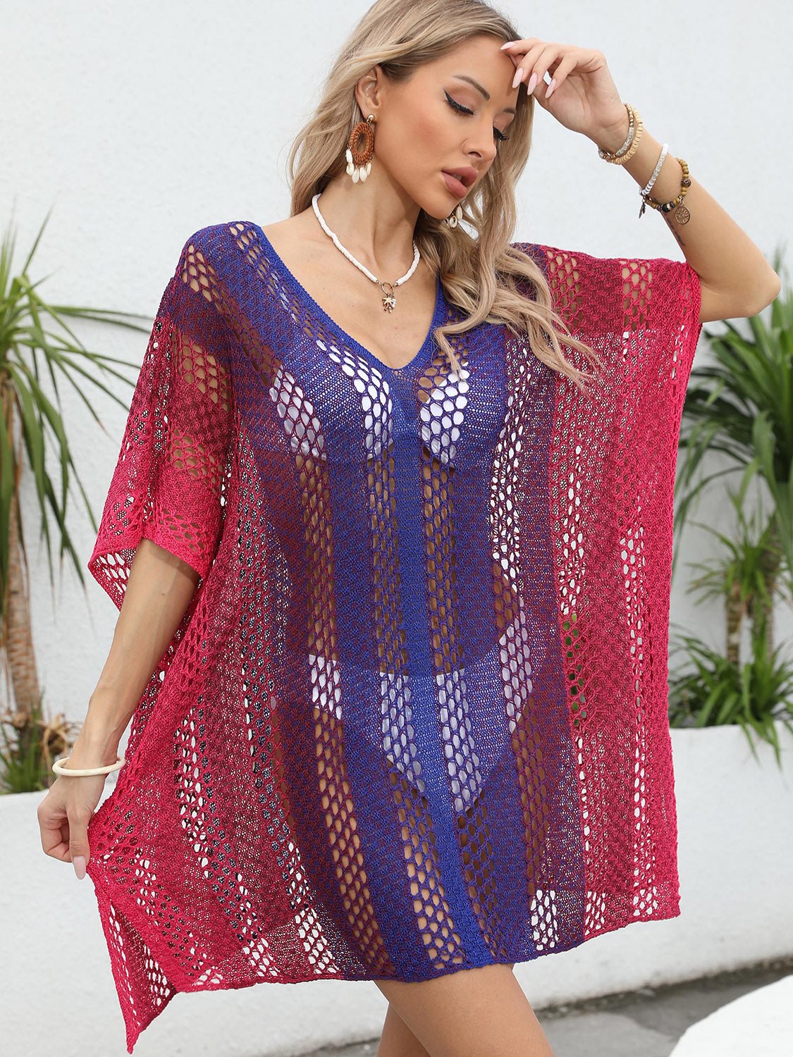 Openwork Contrast V - Neck Cover - Up - ViarousViarousViarous