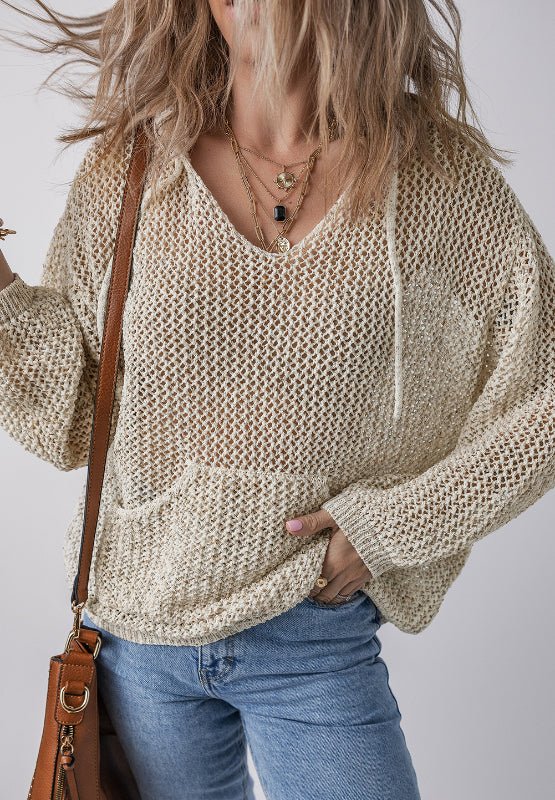 Openwork Dropped Shoulder Hooded Knit Top - ViarousViarousViarous