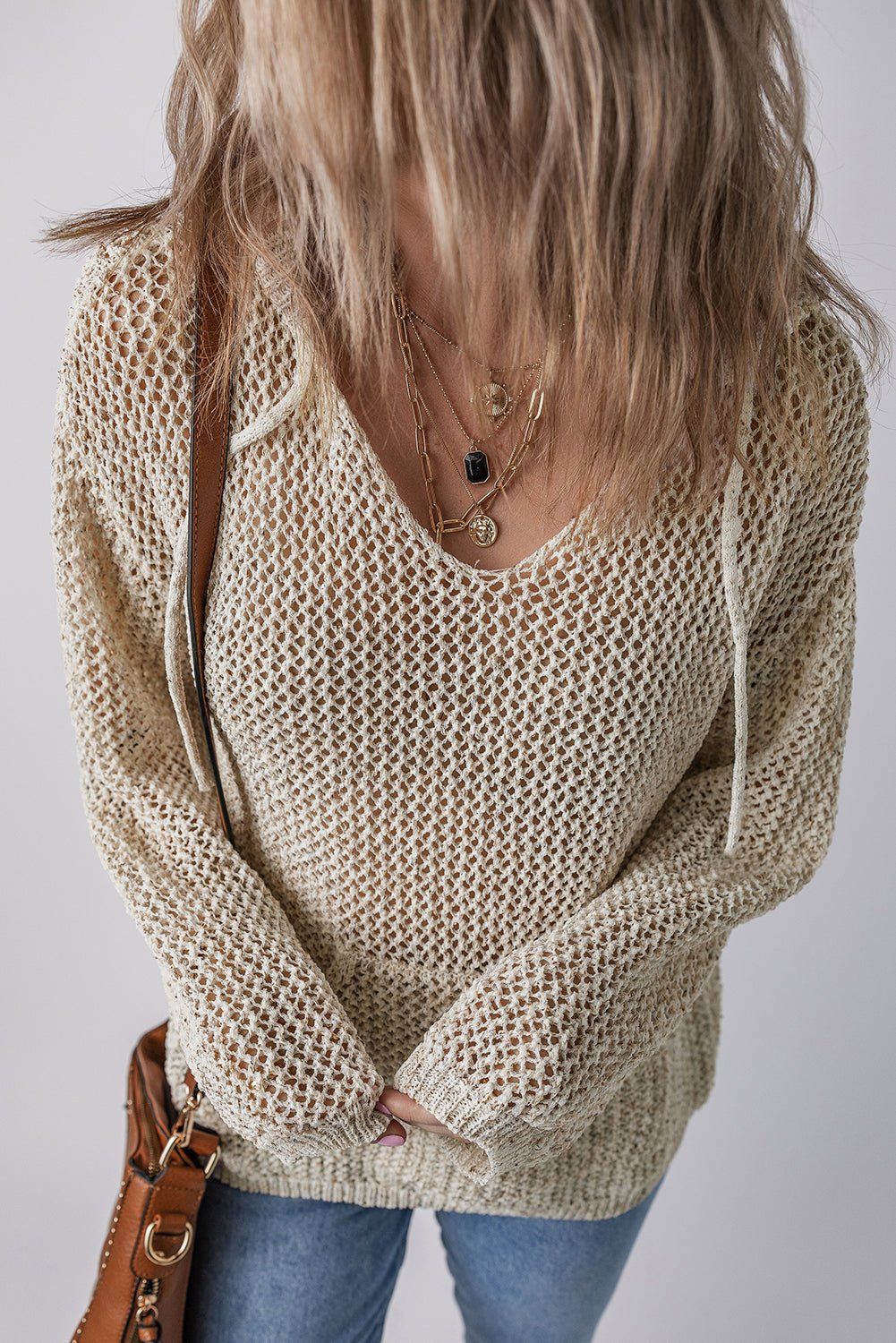 Openwork Dropped Shoulder Hooded Knit Top - ViarousViarousViarous