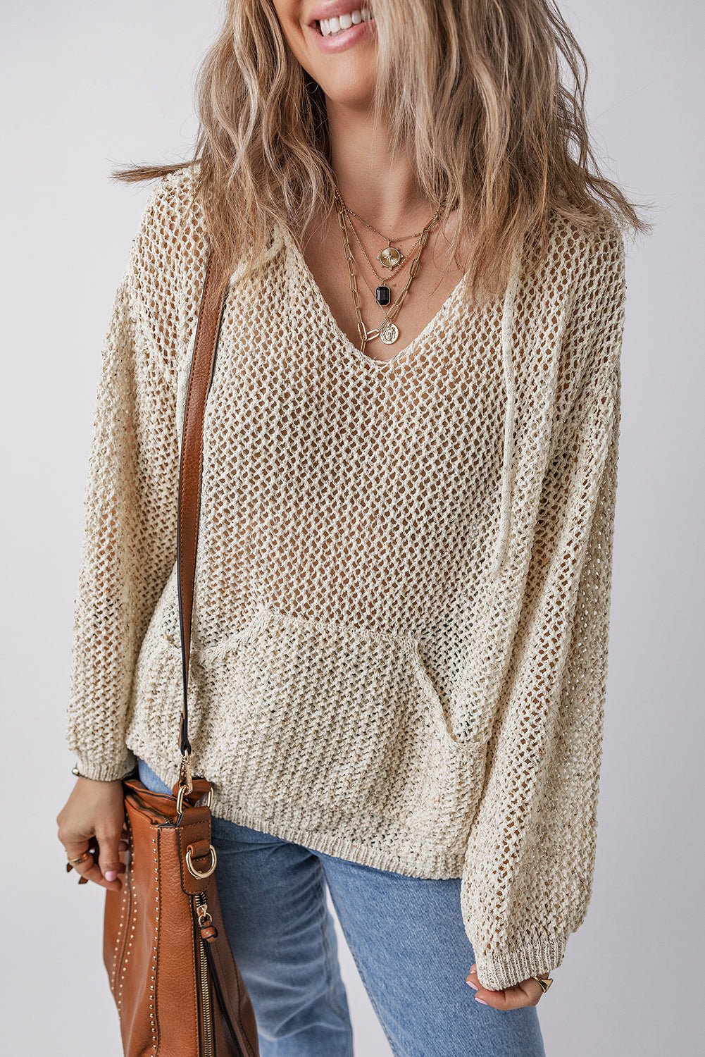 Openwork Dropped Shoulder Hooded Knit Top - ViarousViarousViarous
