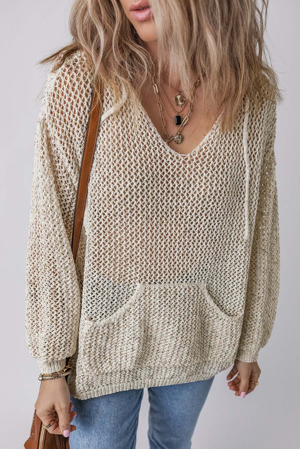 Openwork Dropped Shoulder Hooded Knit Top - ViarousViarousViarous