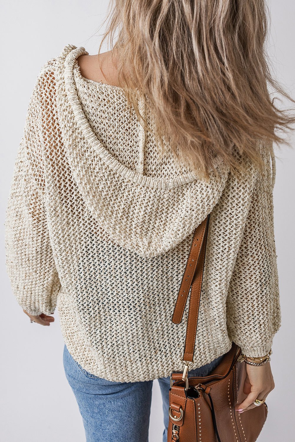 Openwork Dropped Shoulder Hooded Knit Top - ViarousViarousViarous