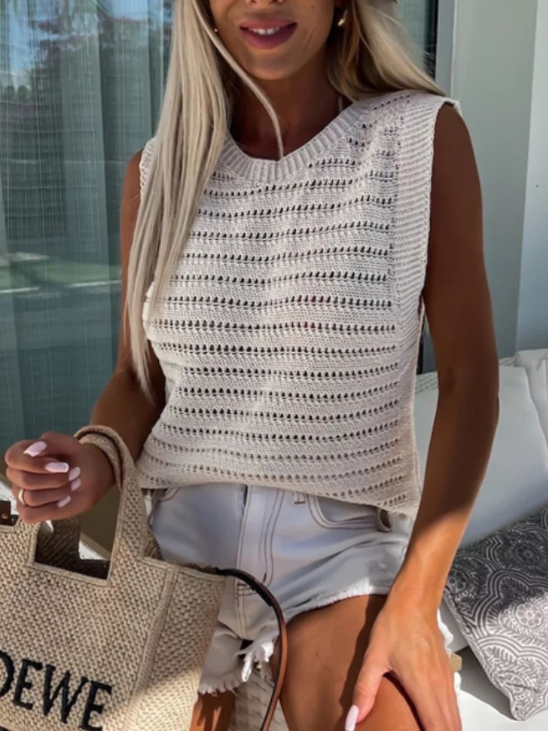 Openwork Round Neck Sweater Vest - ViarousViarousViarous