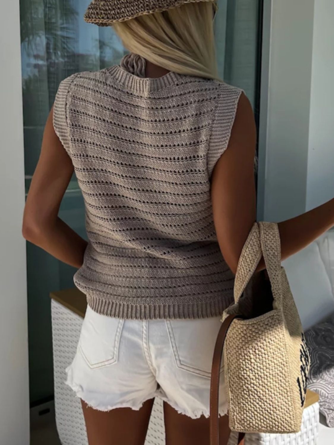 Openwork Round Neck Sweater Vest - ViarousViarousViarous