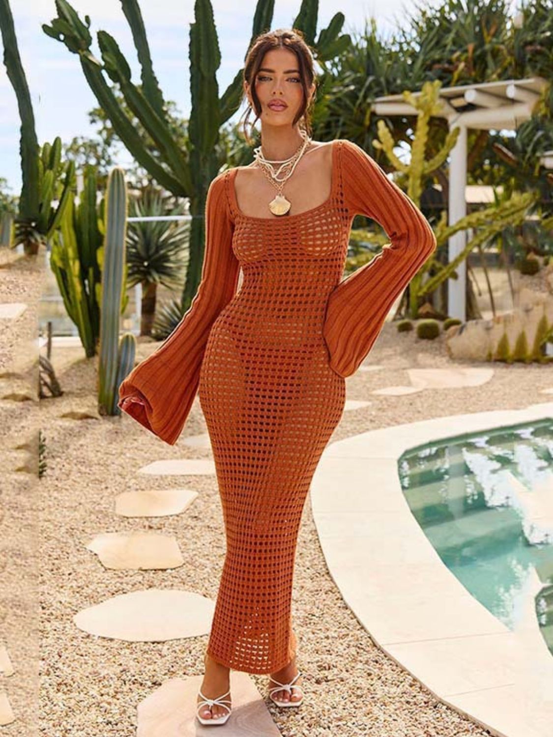 Openwork Square Neck Flare Sleeve Cover - Up Dress - ViarousViarousViarous