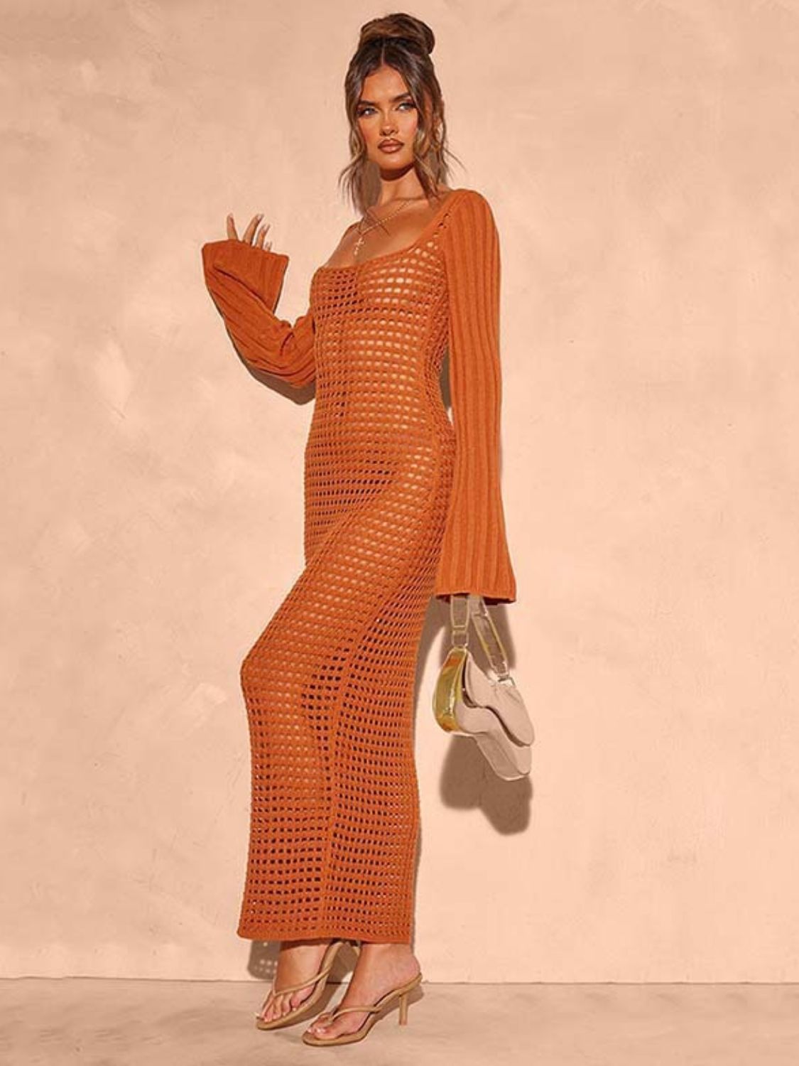 Openwork Square Neck Flare Sleeve Cover - Up Dress - ViarousViarousViarous