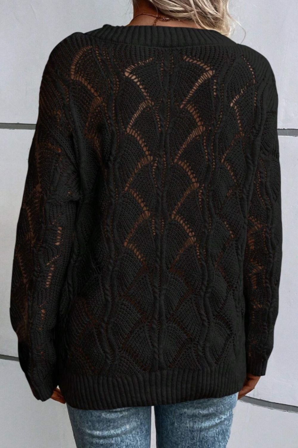 Openwork V - Neck Long Sleeve Sweater - ViarousViarousViarous