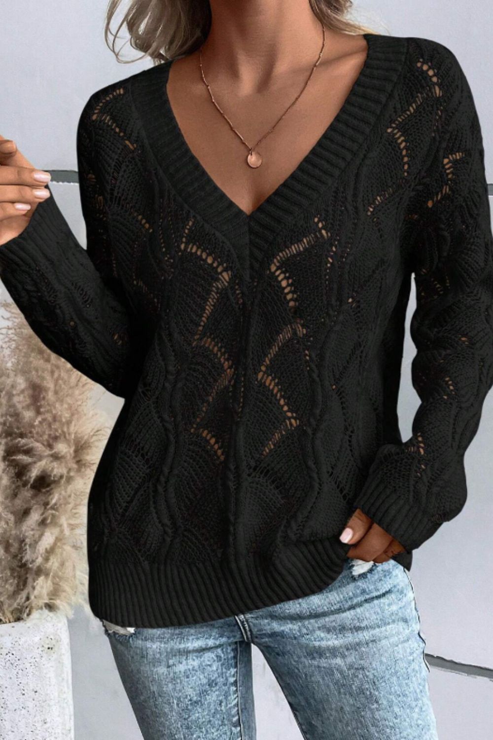 Openwork V - Neck Long Sleeve Sweater - ViarousViarousViarous