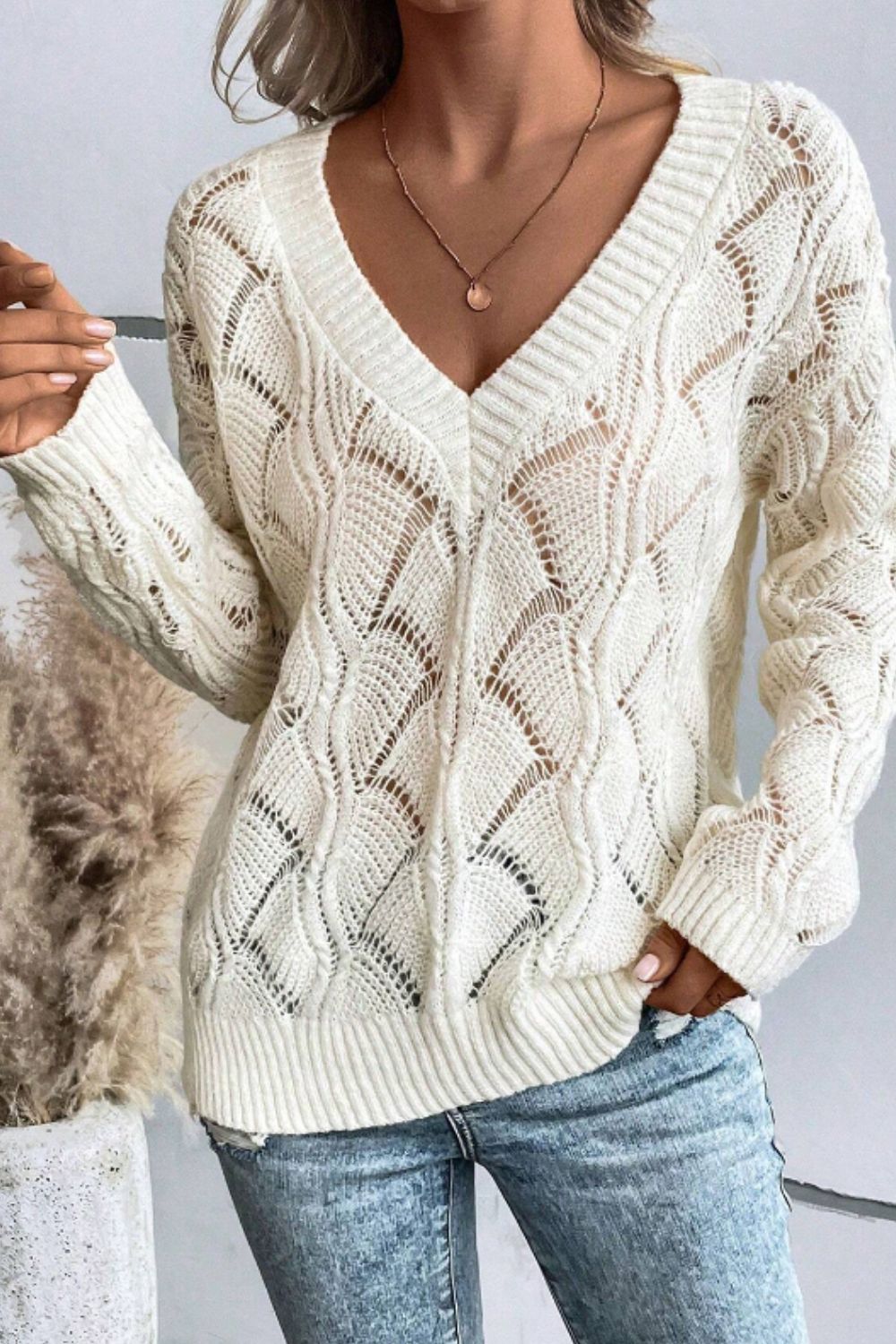 Openwork V - Neck Long Sleeve Sweater - ViarousViarousViarous