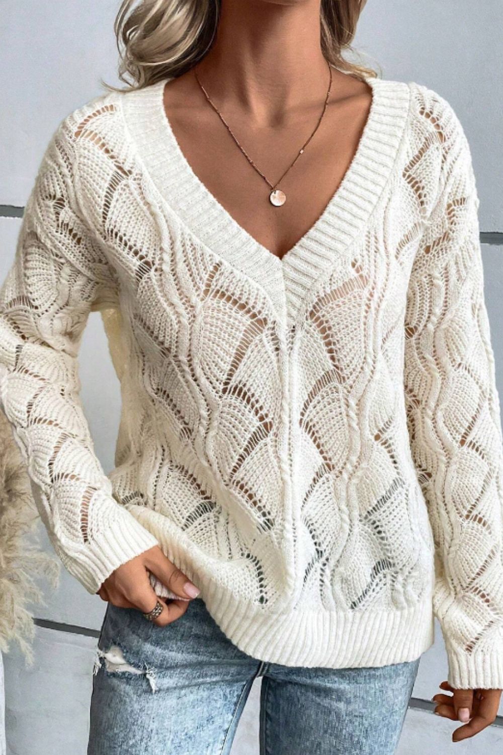 Openwork V - Neck Long Sleeve Sweater - ViarousViarousViarous