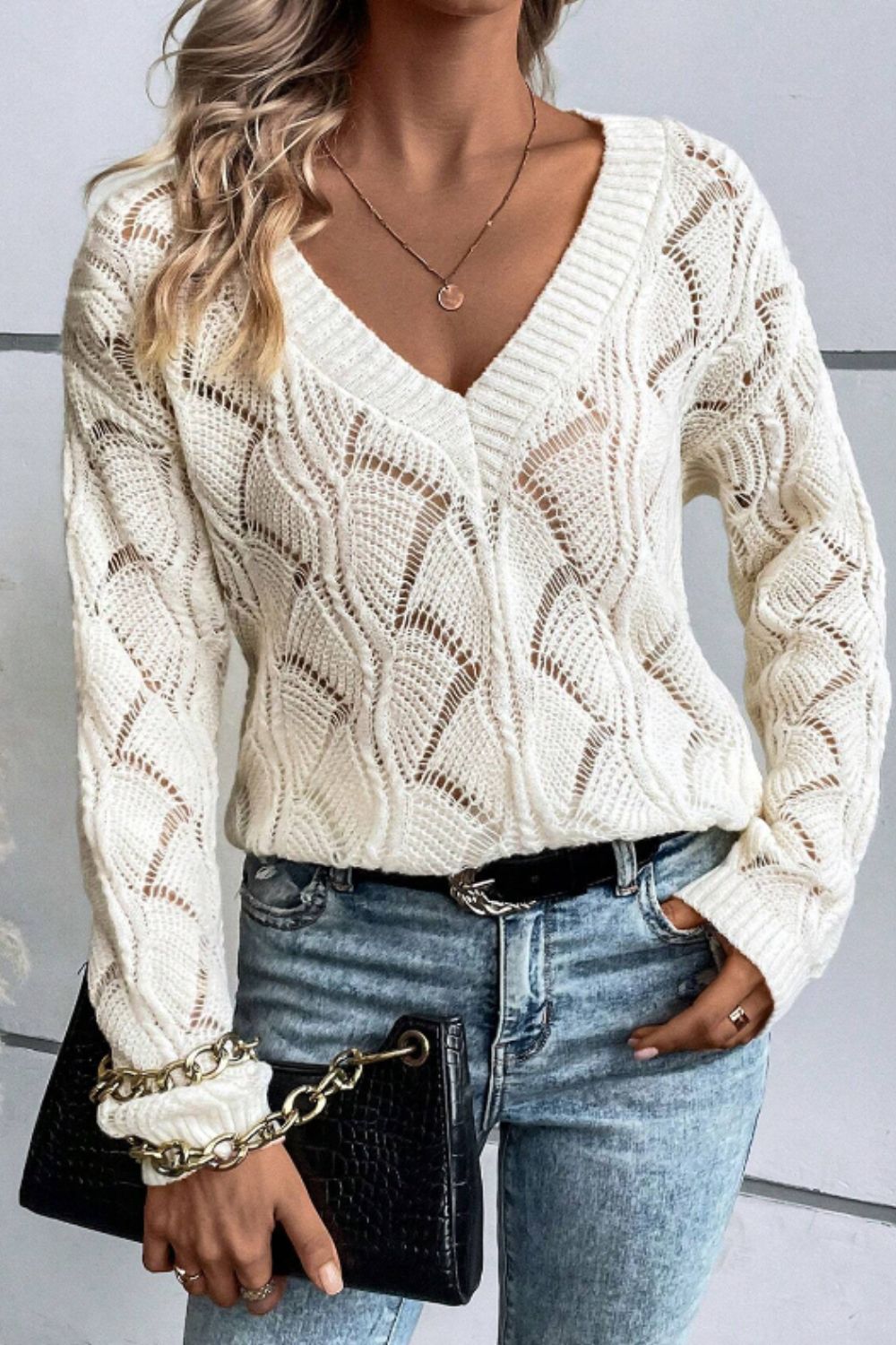 Openwork V - Neck Long Sleeve Sweater - ViarousViarousViarous