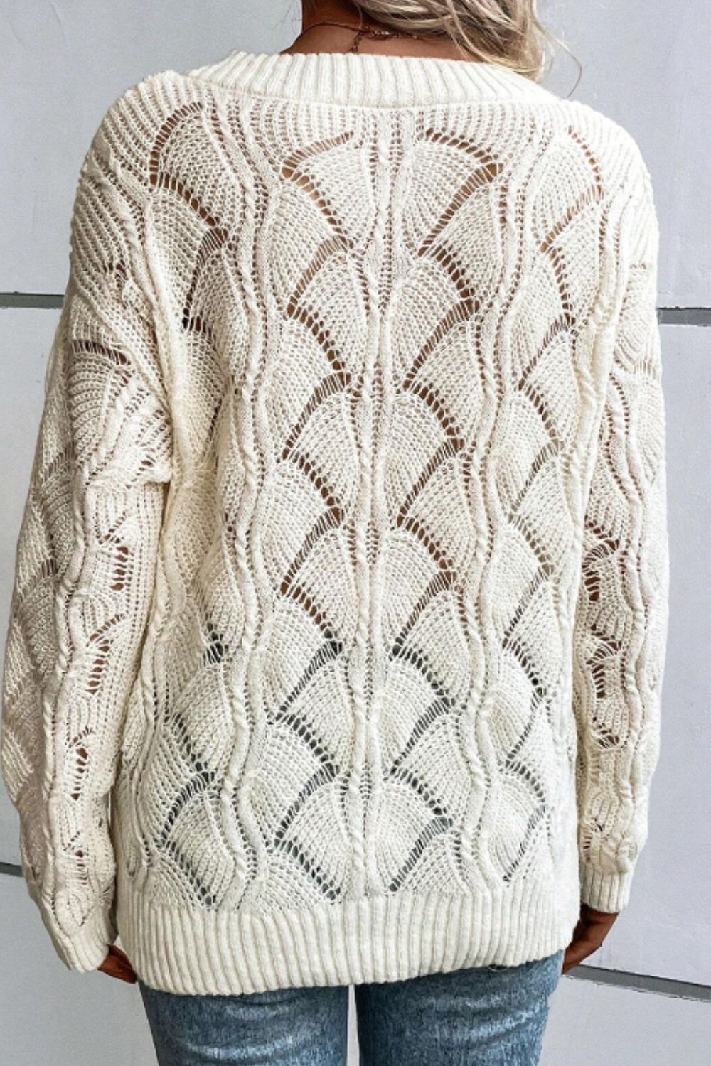 Openwork V - Neck Long Sleeve Sweater - ViarousViarousViarous