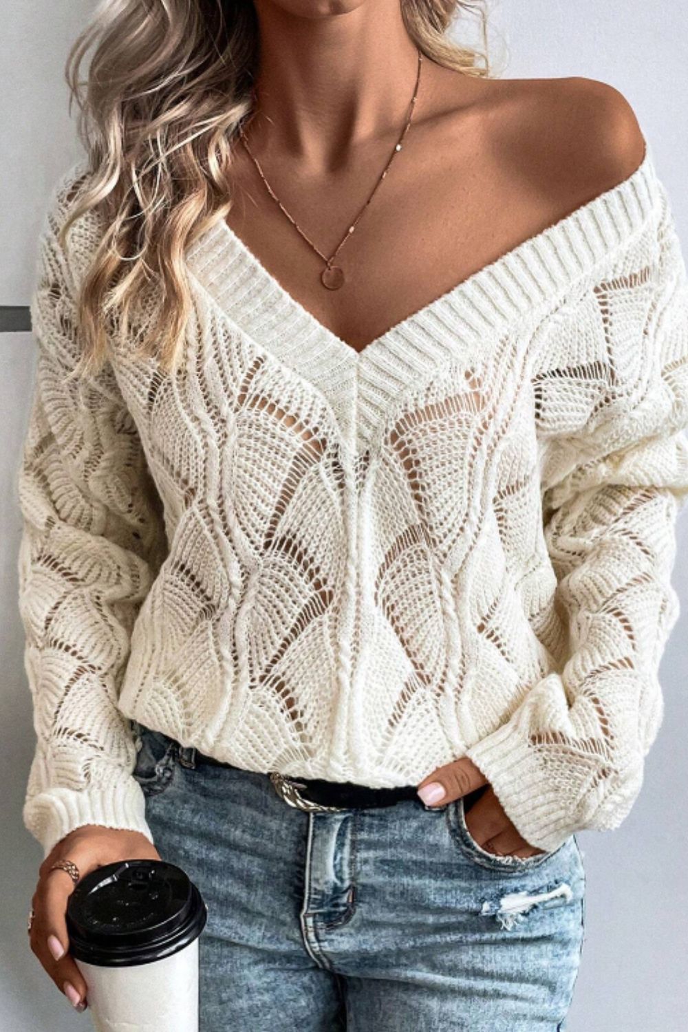 Openwork V - Neck Long Sleeve Sweater - ViarousViarousViarous