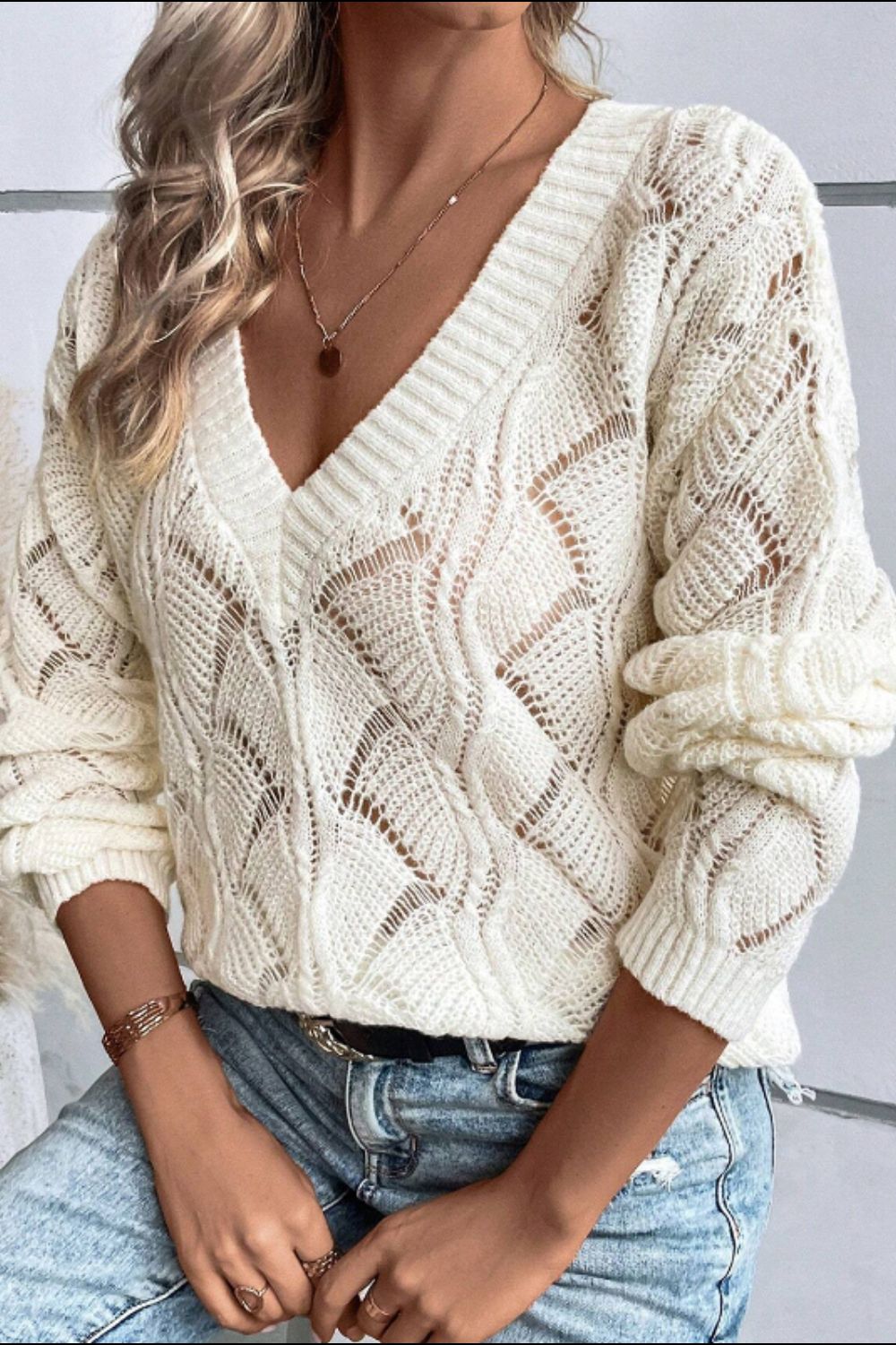 Openwork V - Neck Long Sleeve Sweater - ViarousViarousViarous