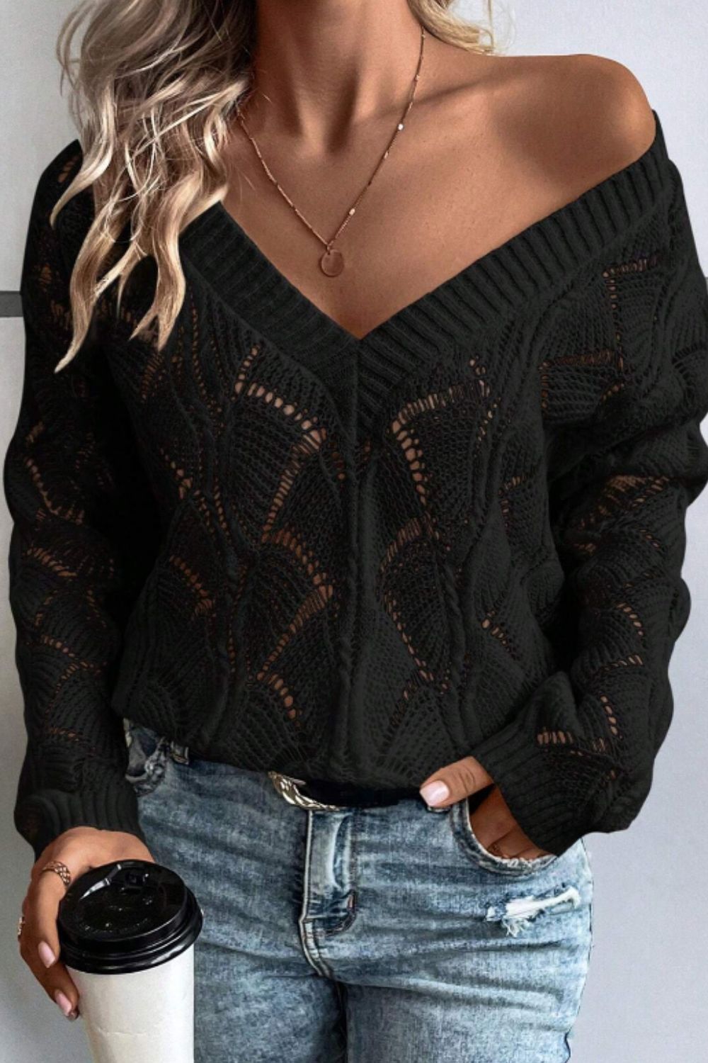 Openwork V - Neck Long Sleeve Sweater - ViarousViarousViarous