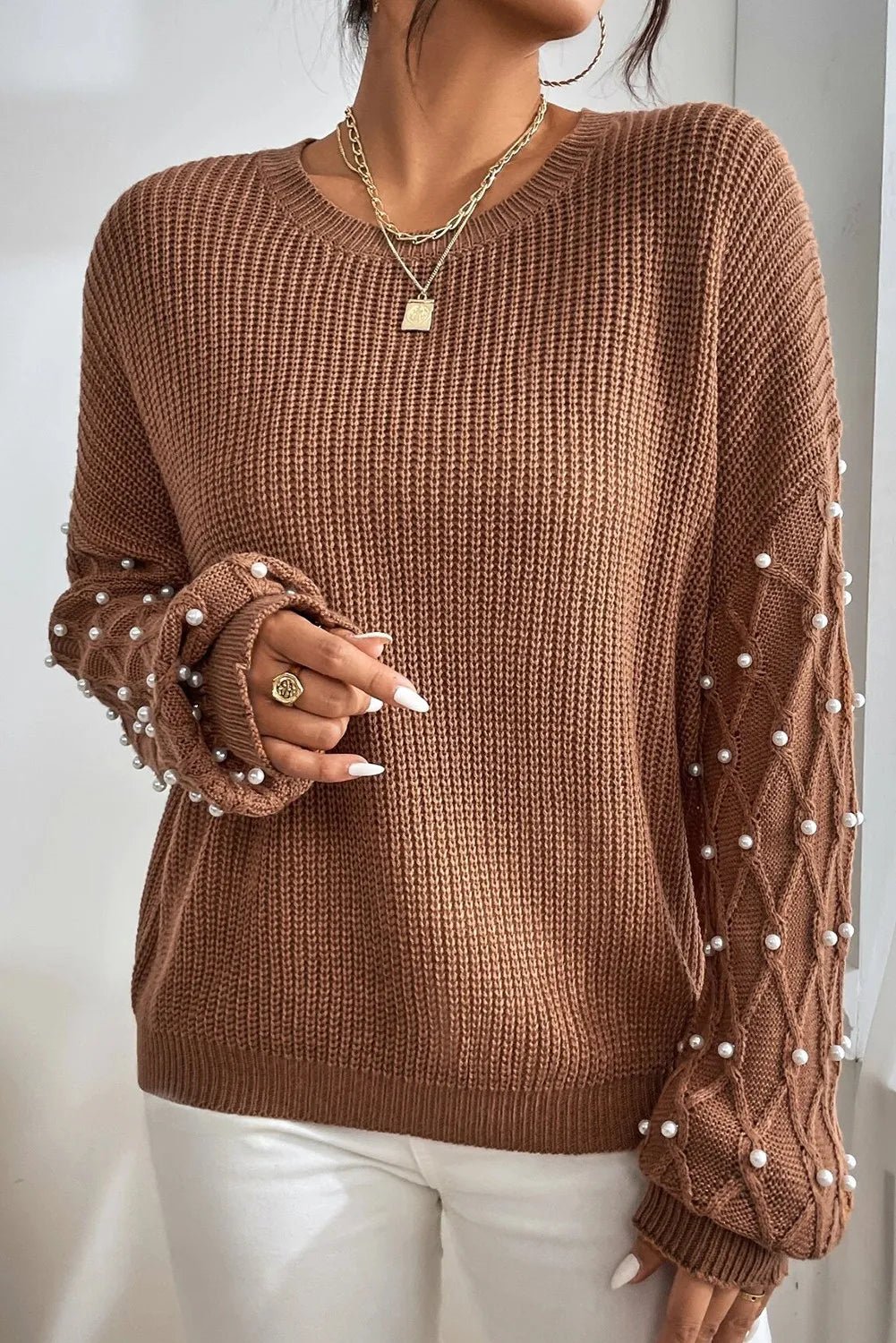Pearl Detail Round Neck Long Sleeve Sweater - ViarousViarousViarous