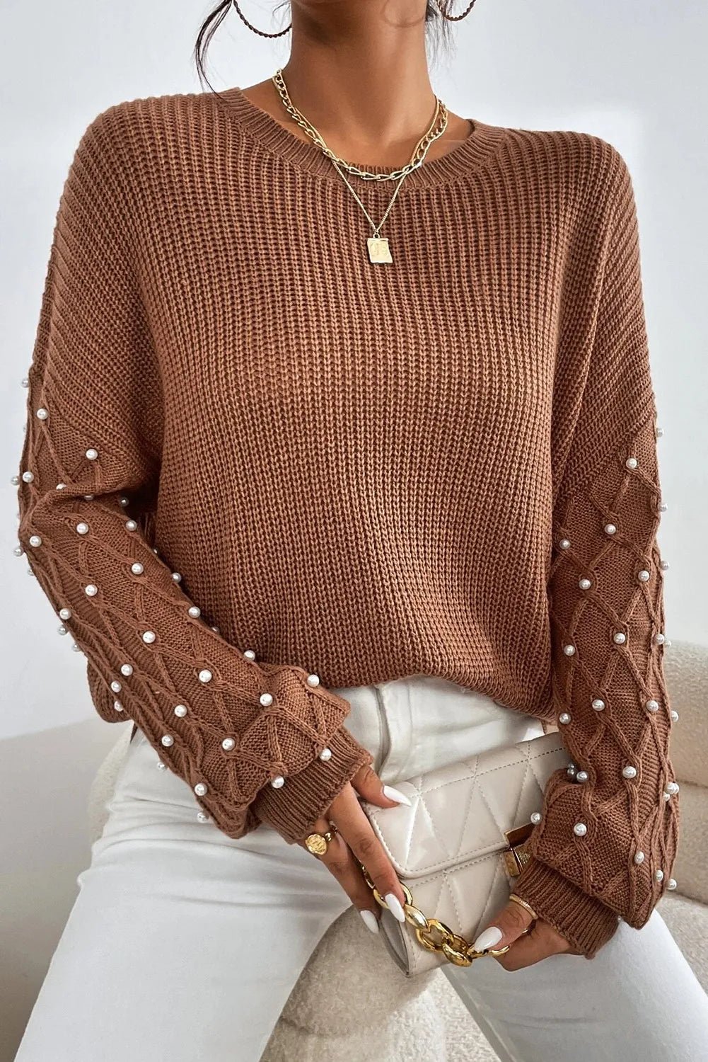 Pearl Detail Round Neck Long Sleeve Sweater - ViarousViarousViarous