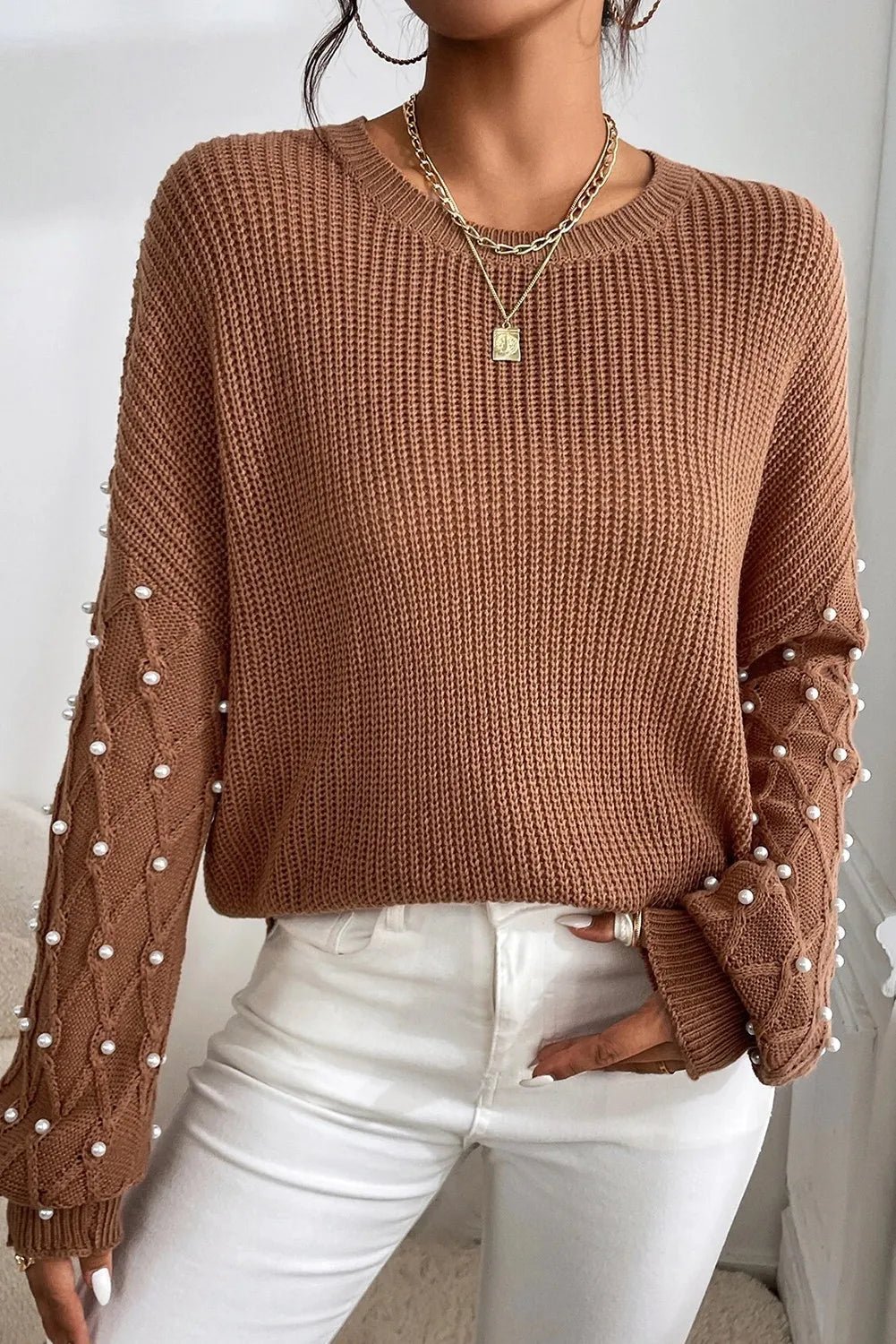 Pearl Detail Round Neck Long Sleeve Sweater - ViarousViarousViarous