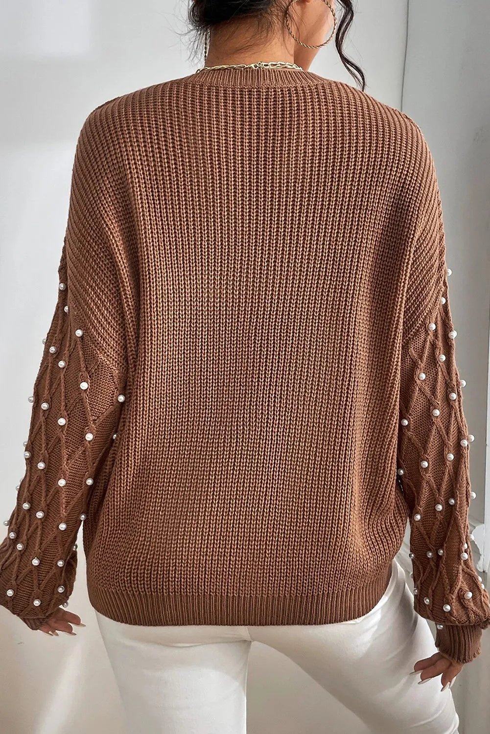 Pearl Detail Round Neck Long Sleeve Sweater - ViarousViarousViarous
