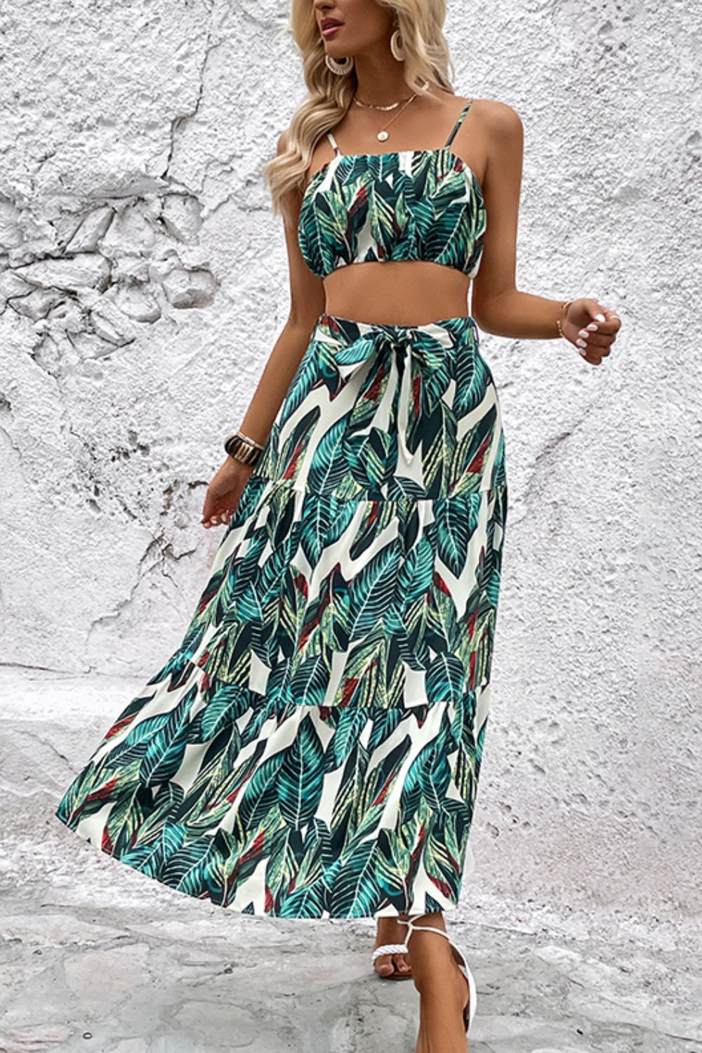 Perfee Botanical Print Cami and Tiered Skirt Set - ViarousViarousViarous