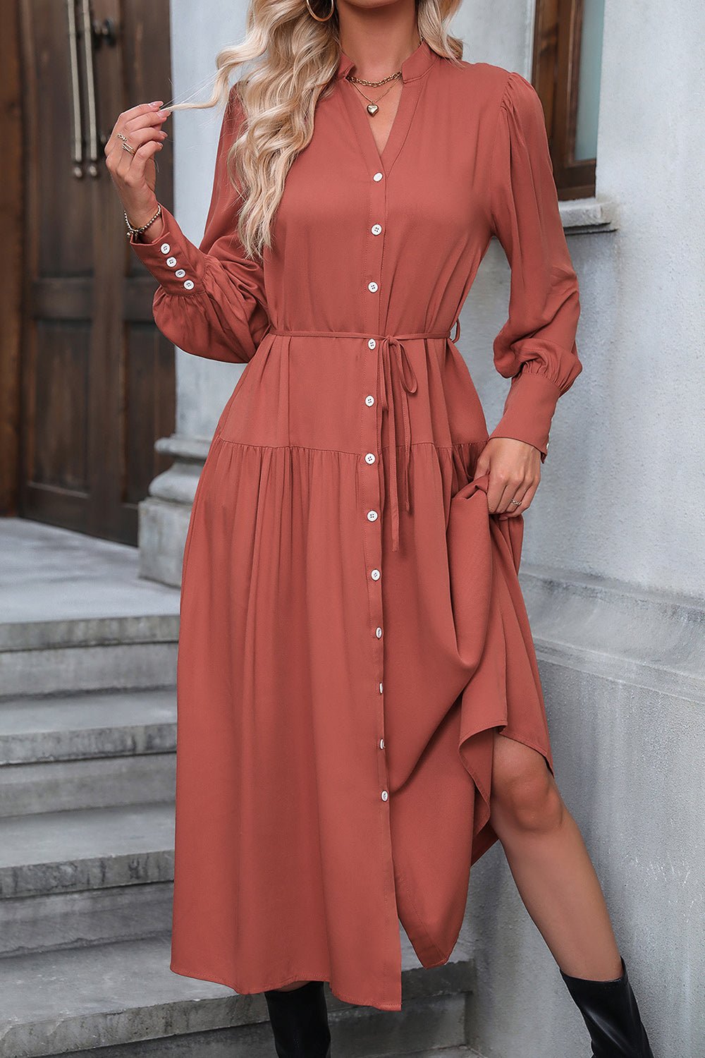 Perfee Button Down Notched Neck Dress - ViarousViarousViarous
