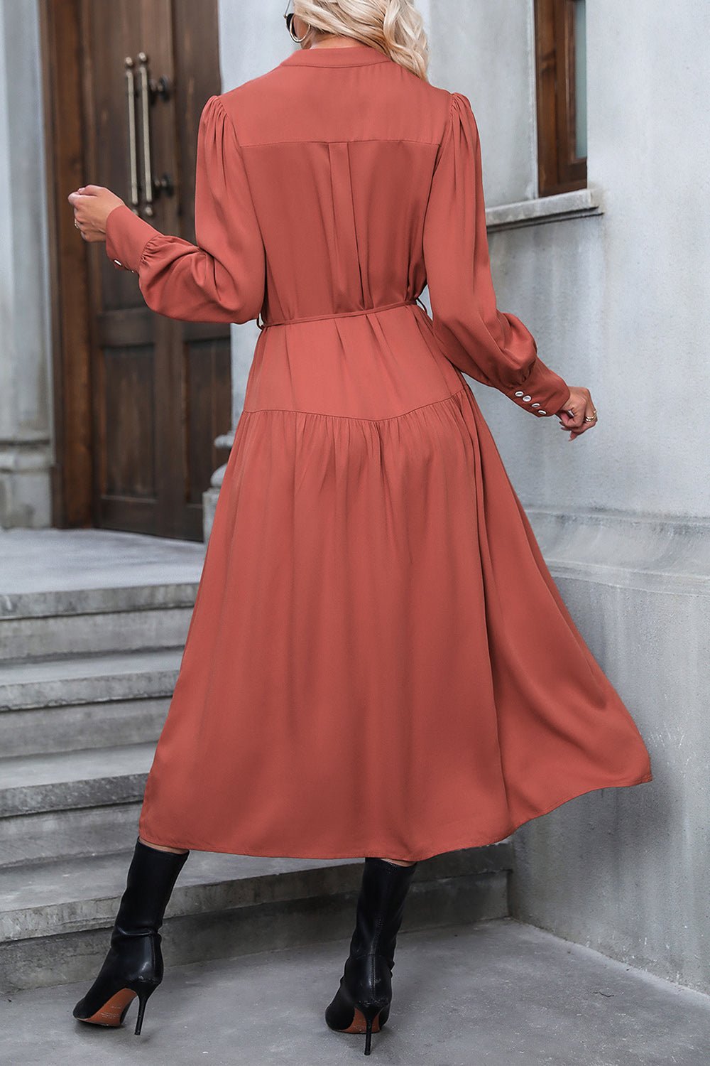 Perfee Button Down Notched Neck Dress - ViarousViarousViarous
