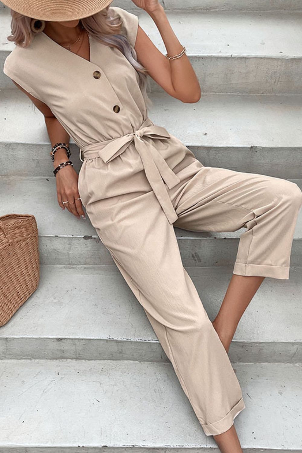 Perfee Capped Sleeve Belted V - Neck Jumpsuit - ViarousViarousViarous