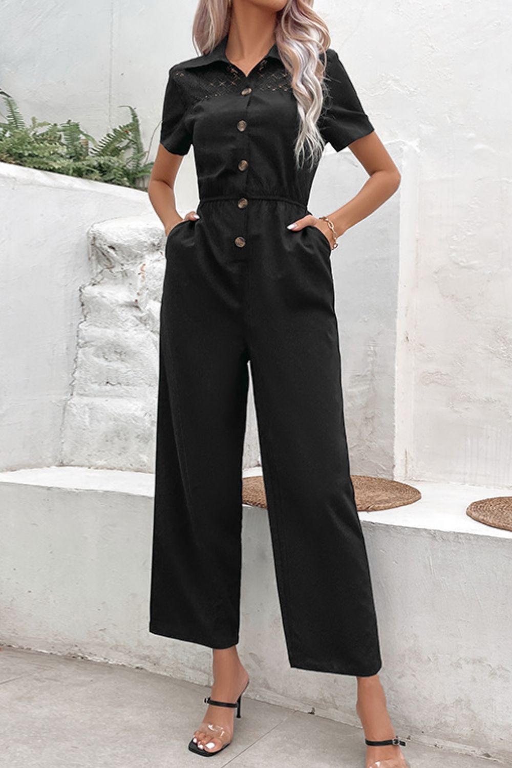 Perfee Collared Neck Short Sleeve Jumpsuit - ViarousViarousViarous