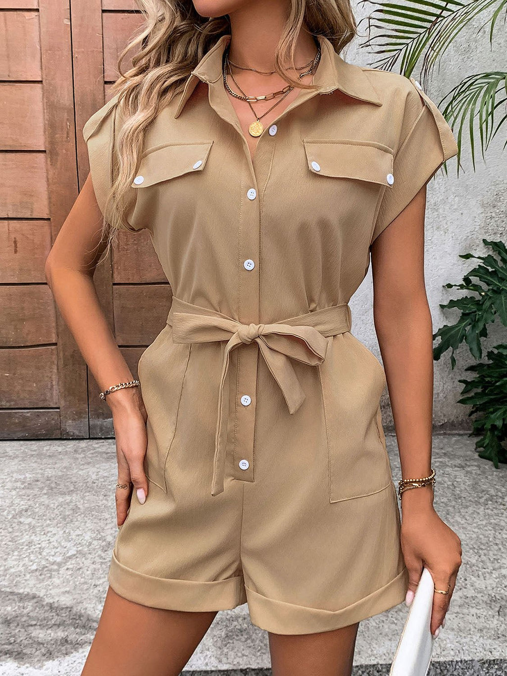 Perfee Collared Neck Tie Waist Romper with Pockets - ViarousViarousViarous