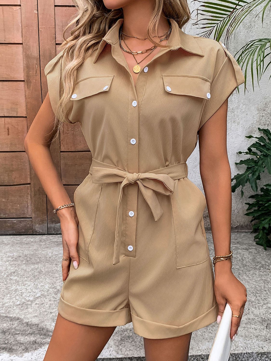 Perfee Collared Neck Tie Waist Romper with Pockets - ViarousViarousViarous