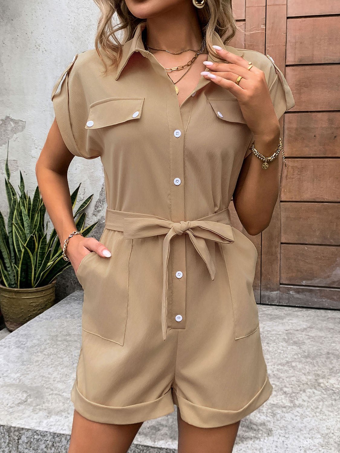 Perfee Collared Neck Tie Waist Romper with Pockets - ViarousViarousViarous