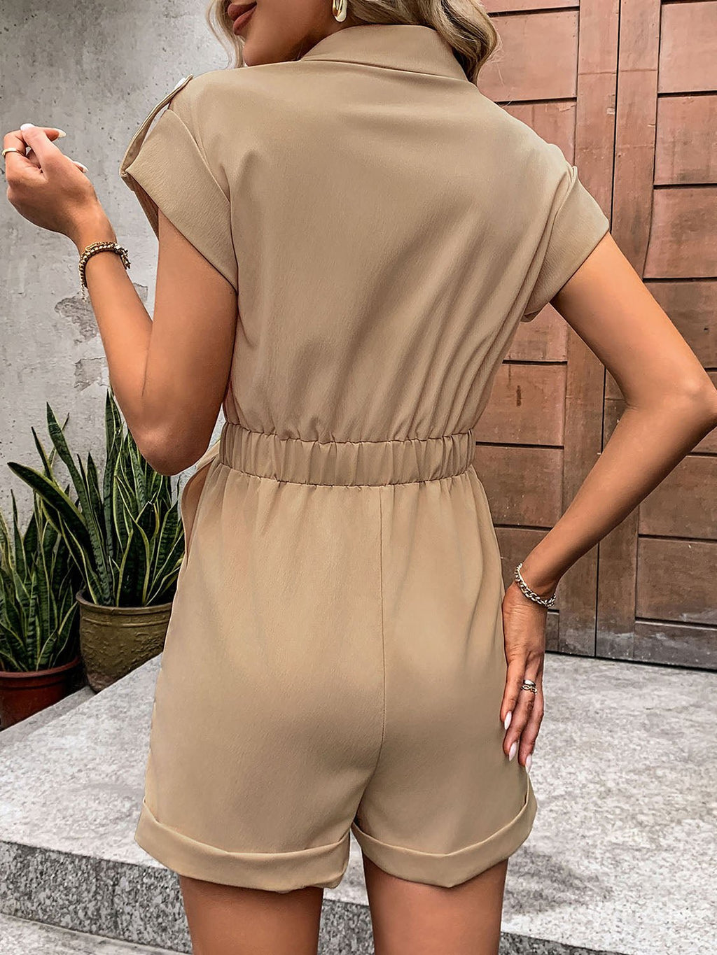 Perfee Collared Neck Tie Waist Romper with Pockets - ViarousViarousViarous
