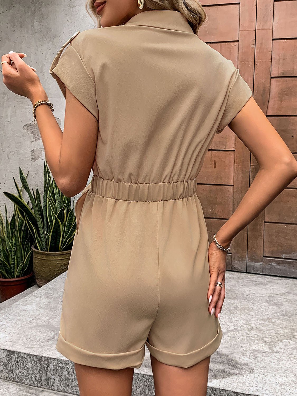 Perfee Collared Neck Tie Waist Romper with Pockets - ViarousViarousViarous