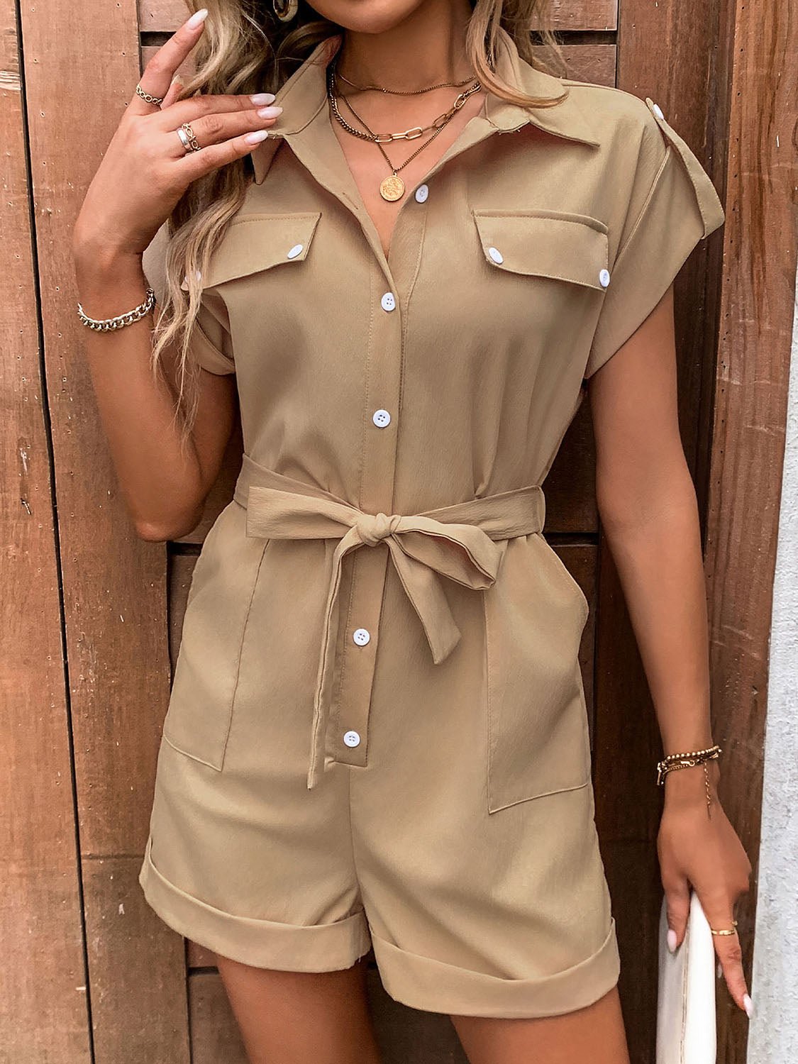 Perfee Collared Neck Tie Waist Romper with Pockets - ViarousViarousViarous