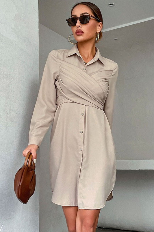 Perfee Crisscross Tie - Back Curved Hem Shirt Dress - ViarousViarousViarous