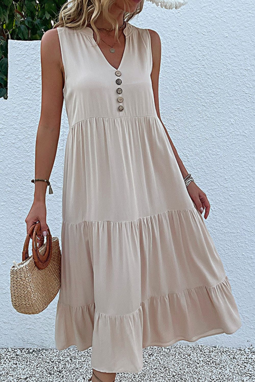 Perfee Decorative Button Sleeveless Tiered Dress - ViarousViarousViarous