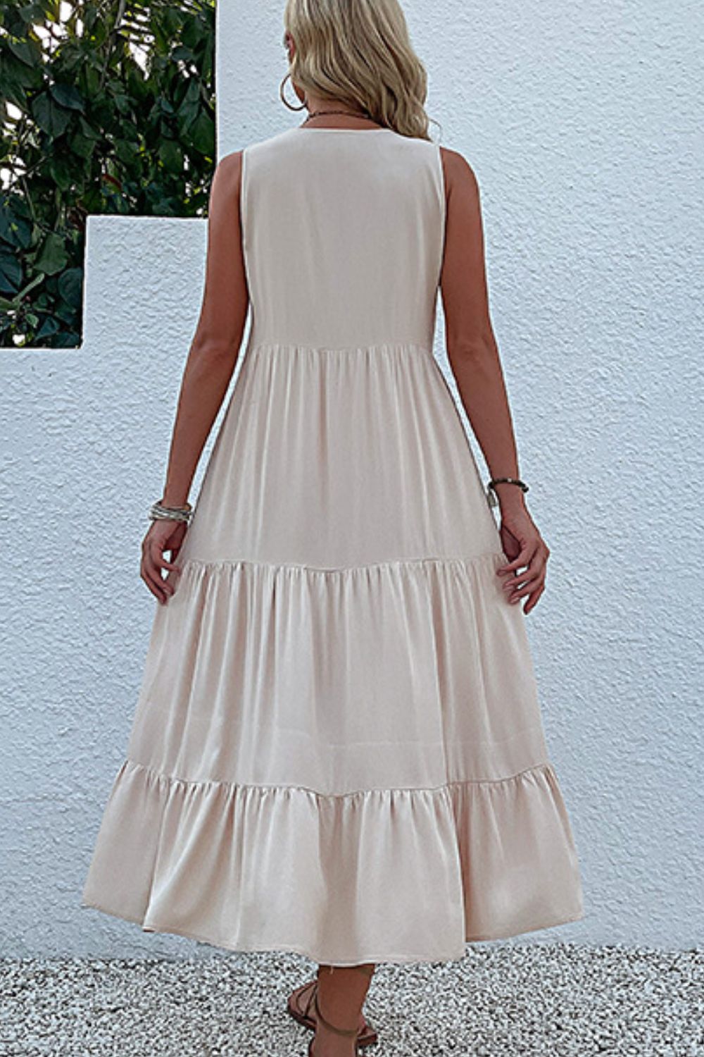 Perfee Decorative Button Sleeveless Tiered Dress - ViarousViarousViarous