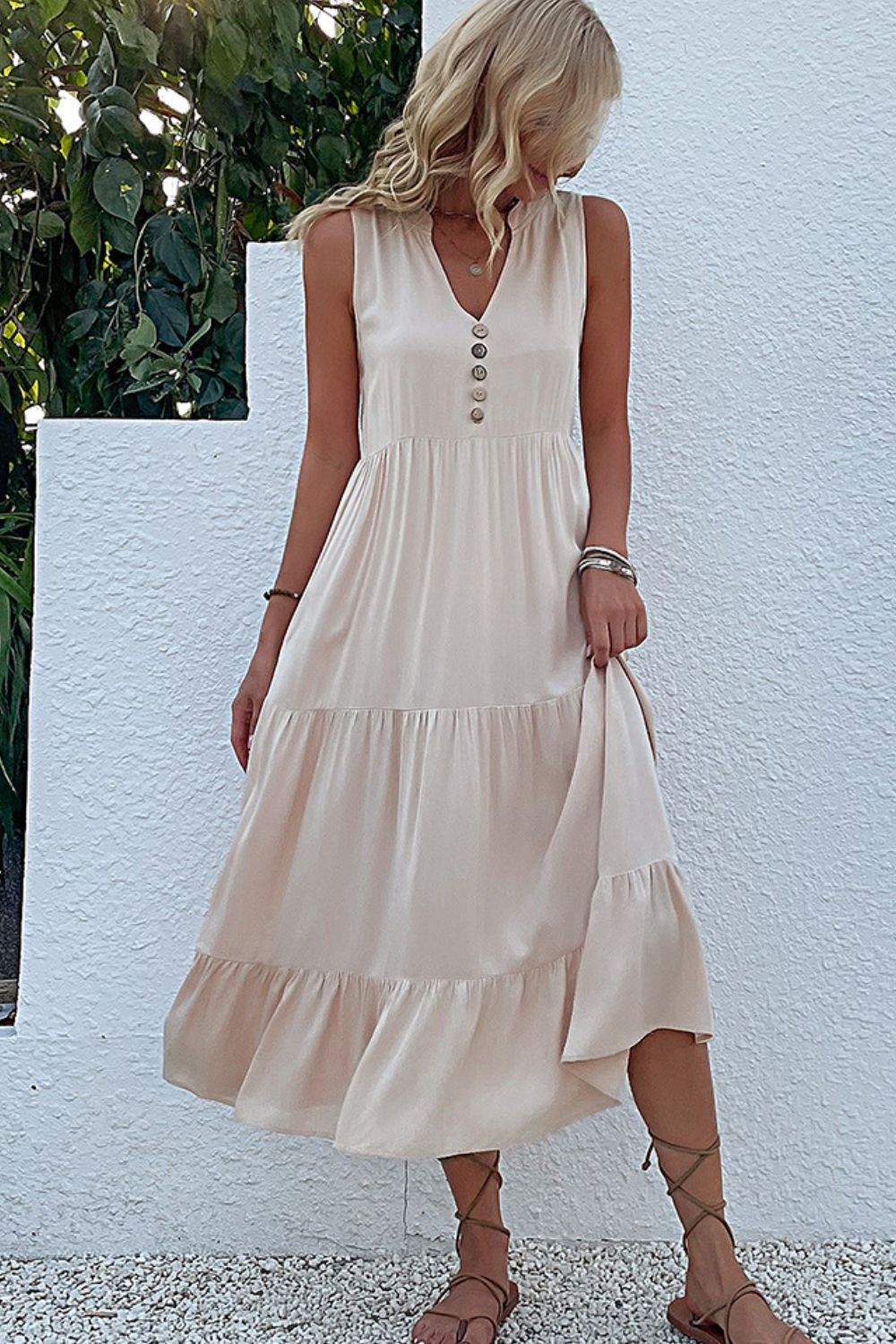 Perfee Decorative Button Sleeveless Tiered Dress - ViarousViarousViarous