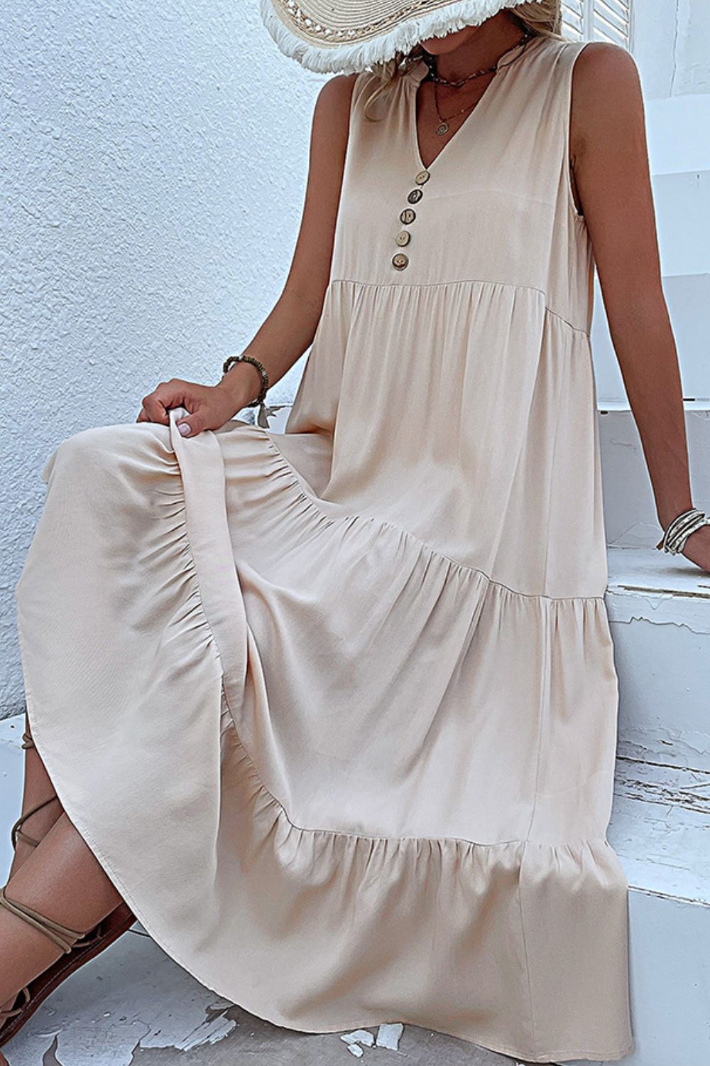 Perfee Decorative Button Sleeveless Tiered Dress - ViarousViarousViarous