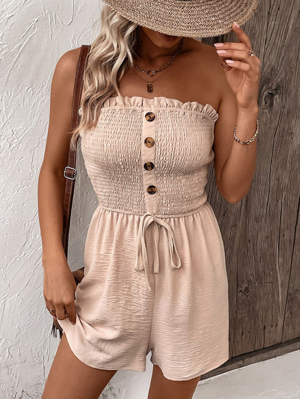 Perfee Decorative Button Smocked Strapless Romper - ViarousViarousViarous