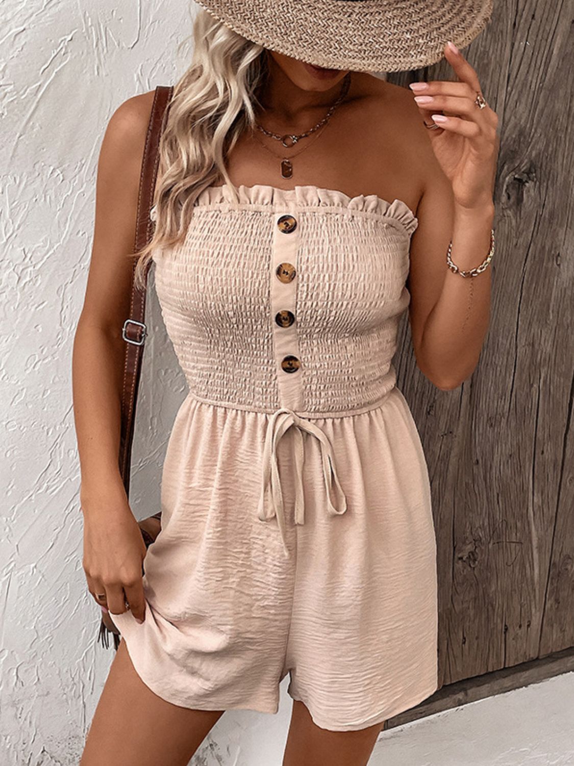 Perfee Decorative Button Smocked Strapless Romper - ViarousViarousViarous
