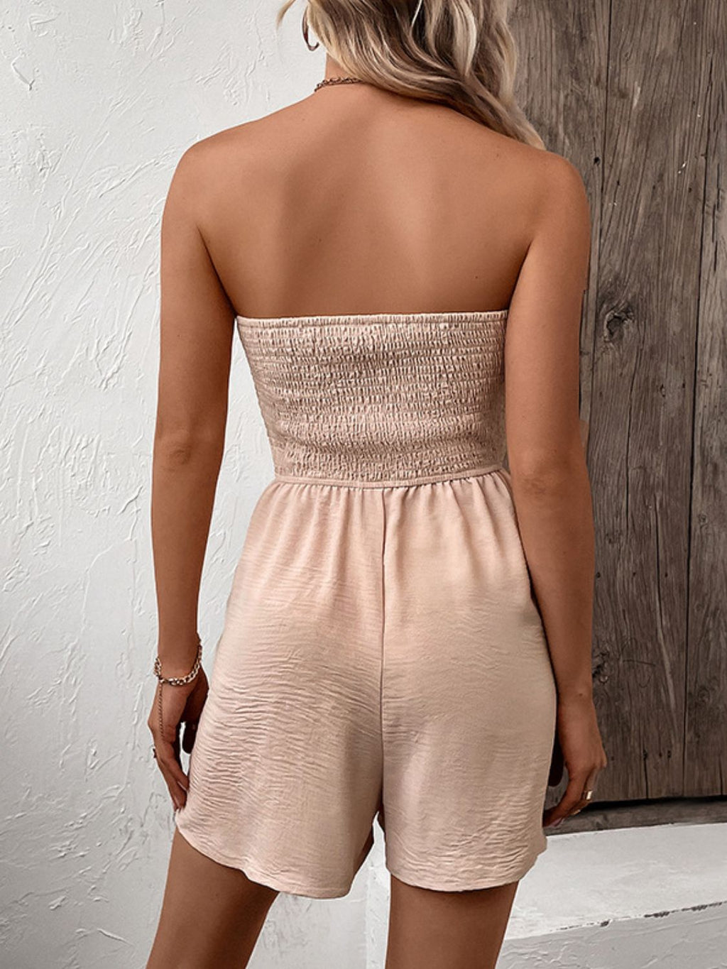 Perfee Decorative Button Smocked Strapless Romper - ViarousViarousViarous
