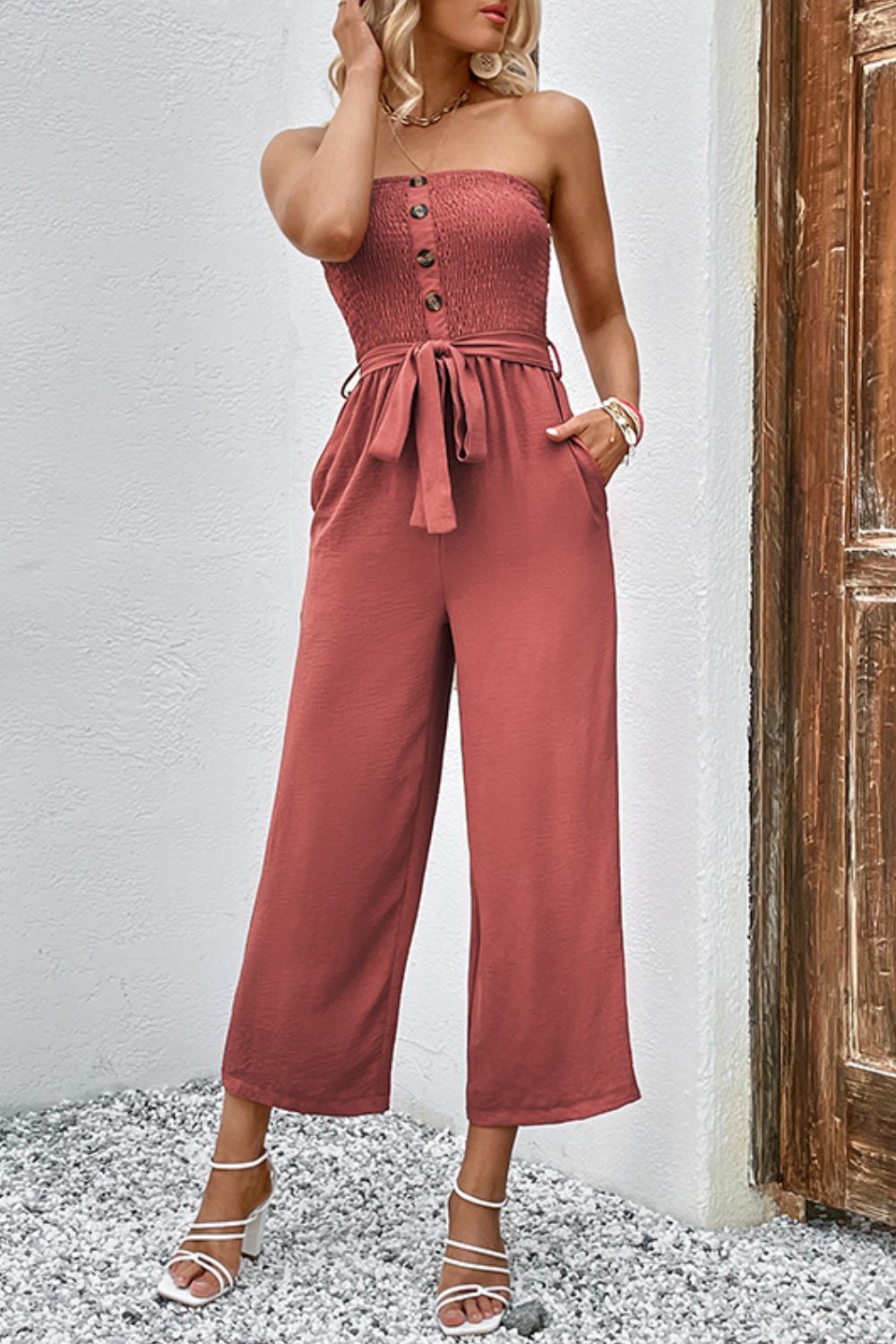 Perfee Decorative Button Strapless Smocked Jumpsuit with Pockets - ViarousViarousViarous