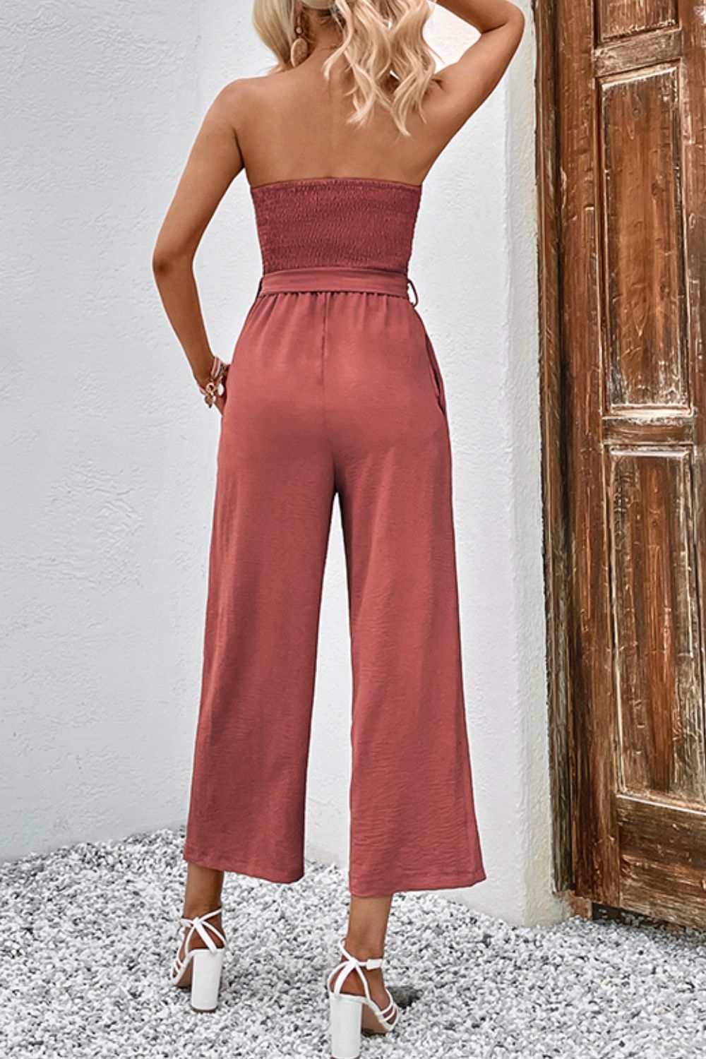 Perfee Decorative Button Strapless Smocked Jumpsuit with Pockets - ViarousViarousViarous