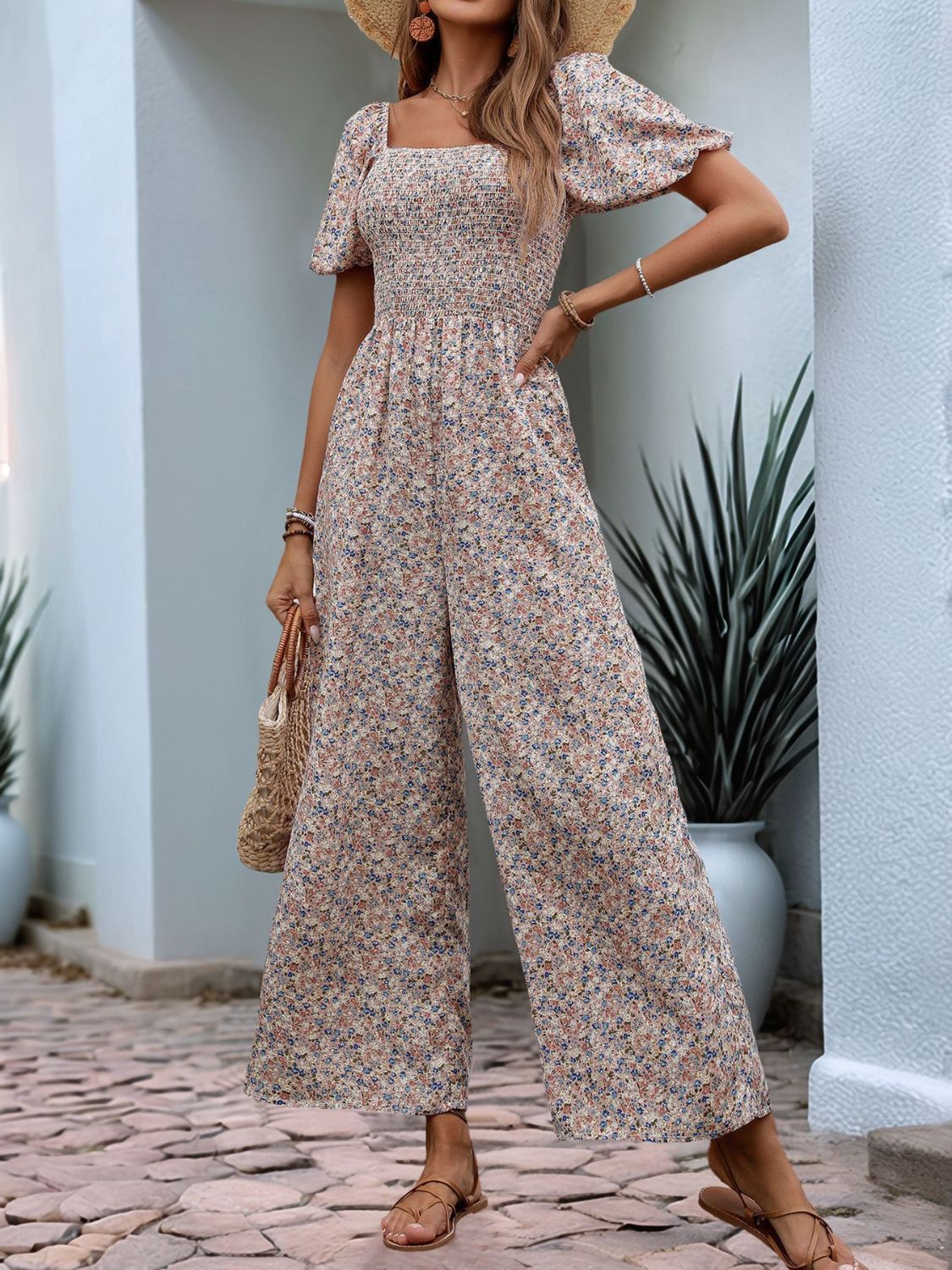 Perfee Ditsy Floral Smocked Square Neck Puff Sleeve Jumpsuit - ViarousViarousViarous
