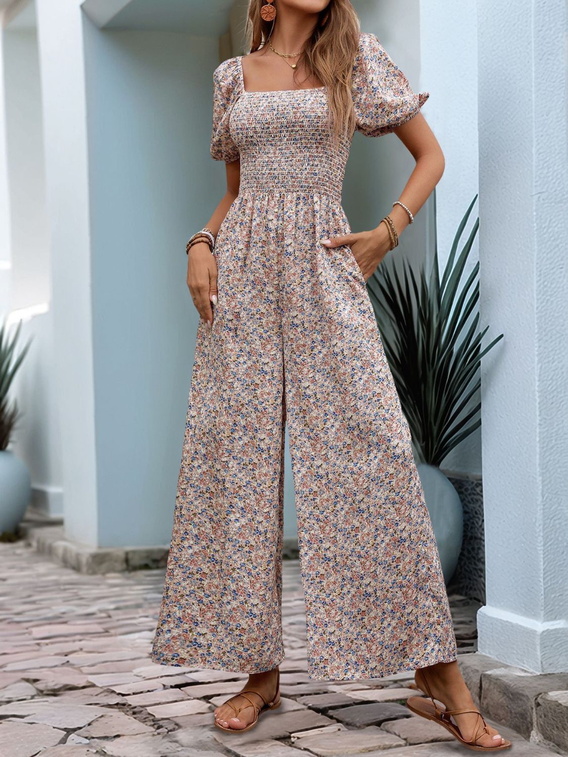Perfee Ditsy Floral Smocked Square Neck Puff Sleeve Jumpsuit - ViarousViarousViarous