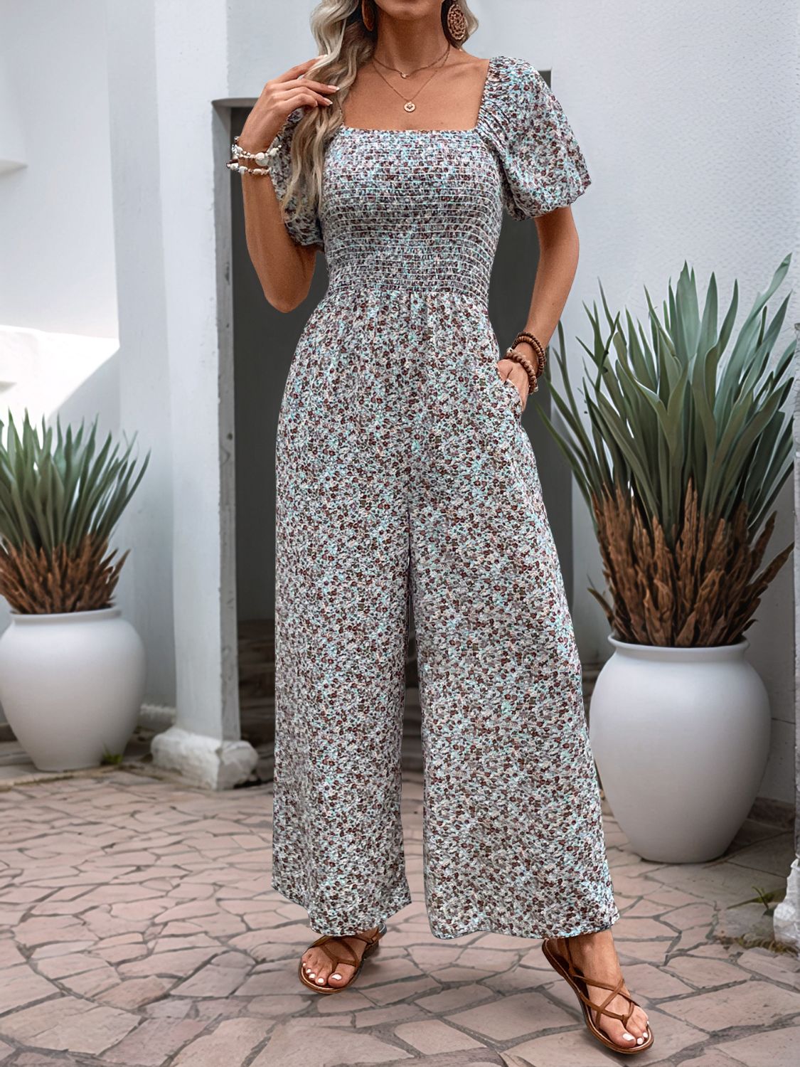 Perfee Ditsy Floral Smocked Square Neck Puff Sleeve Jumpsuit - ViarousViarousViarous