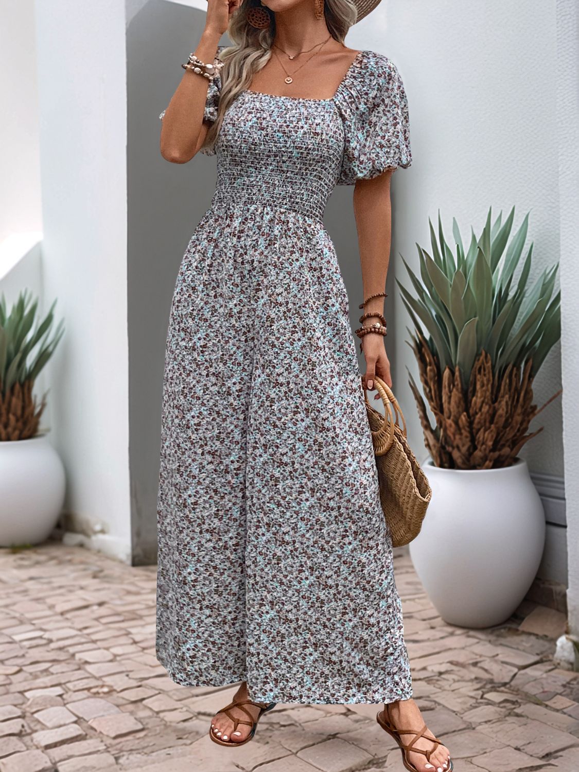 Perfee Ditsy Floral Smocked Square Neck Puff Sleeve Jumpsuit - ViarousViarousViarous